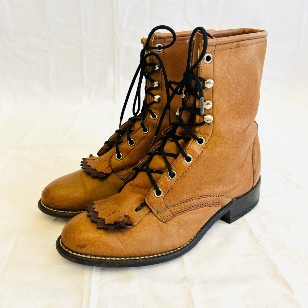 Laredo Tan Lace-Up Leather Roper Boots - Picture 5 of 16